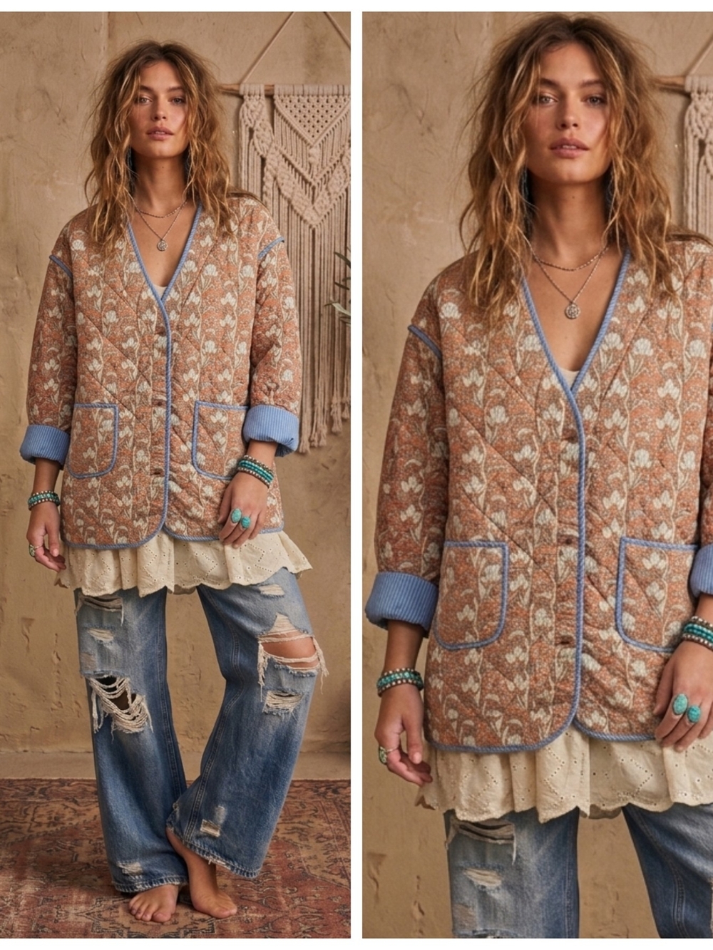Quilted Floral-Print Jacket with Blue Trim - Women's Cozy Layer
